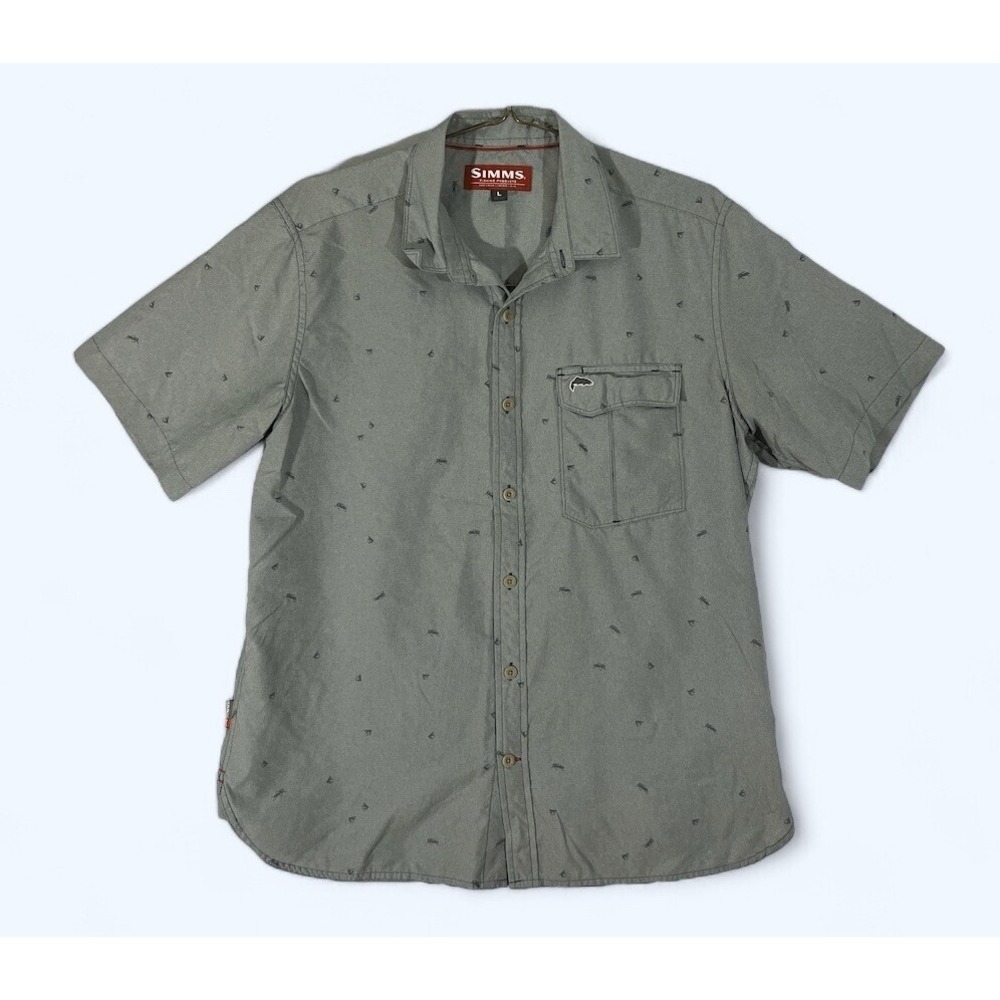 SIMMS Storm Short Sleeve Casual Fishing Shirt Men LARGE FLY FISH PRINT